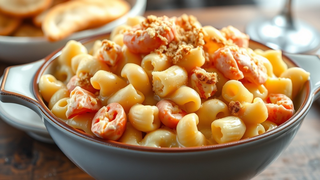 Decadent Lobster Mac and Cheese Recipe Baked Lobster Mac and Cheese in a bowl, topped with breadcrumbs, with a warm inviting background.